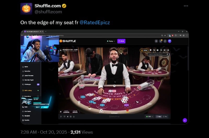 Twitter RatedEpicz 1K Shuffle Blackjack Win